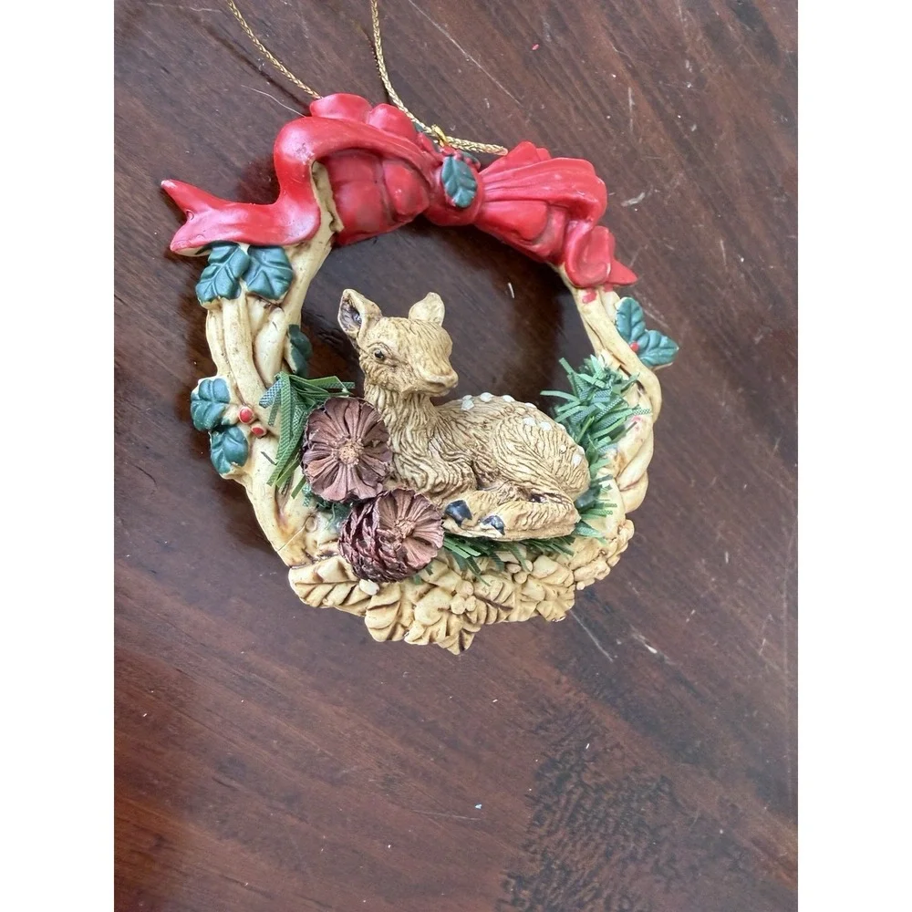 Silvestri Deer Fawn Wreath Ornament Christmas Tree Holiday Red Bow Resin Vintage